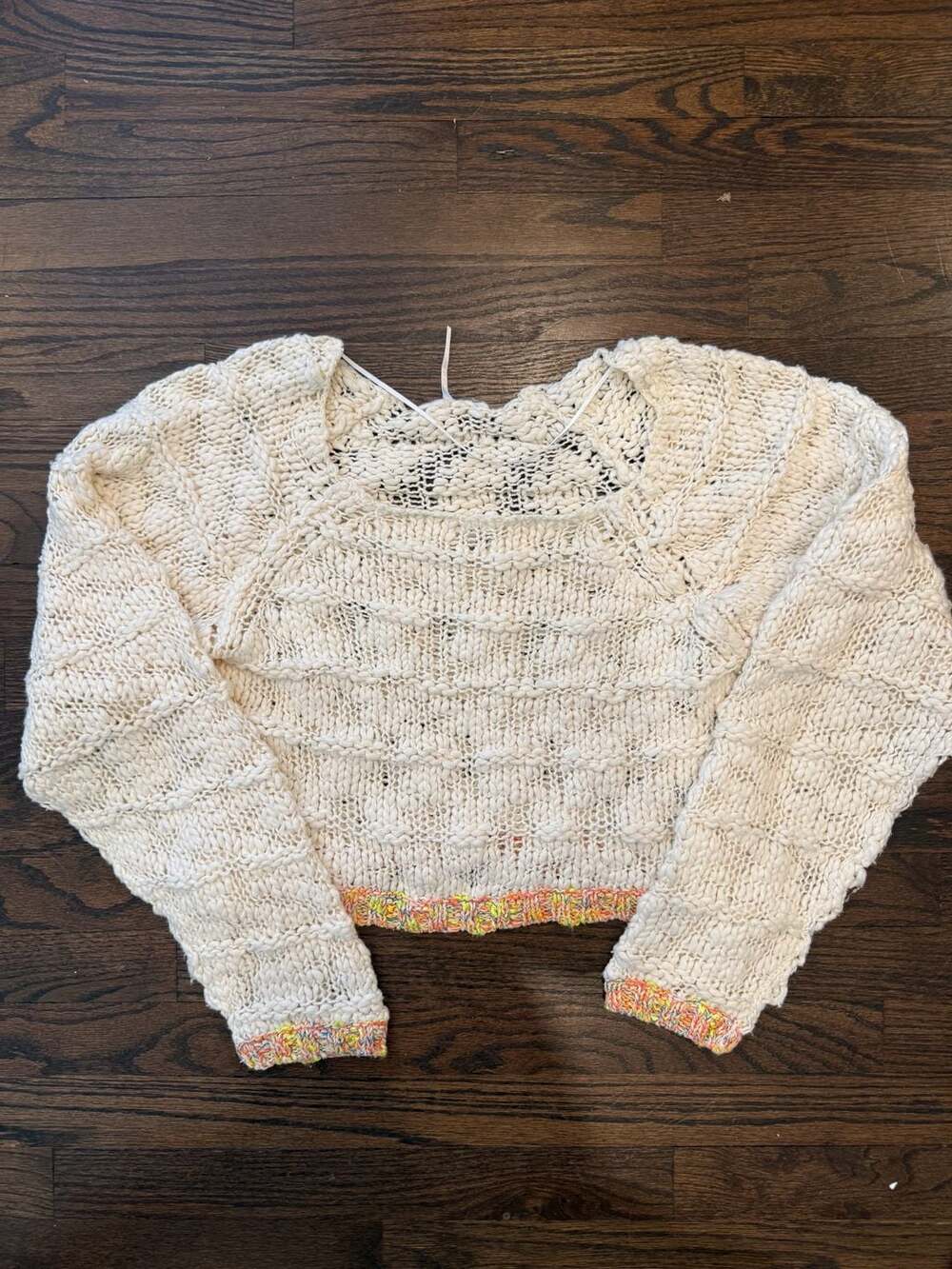 Free People West Palm Chunky Knit Cropped Sweater Cream Rainbow Trim Size S/P